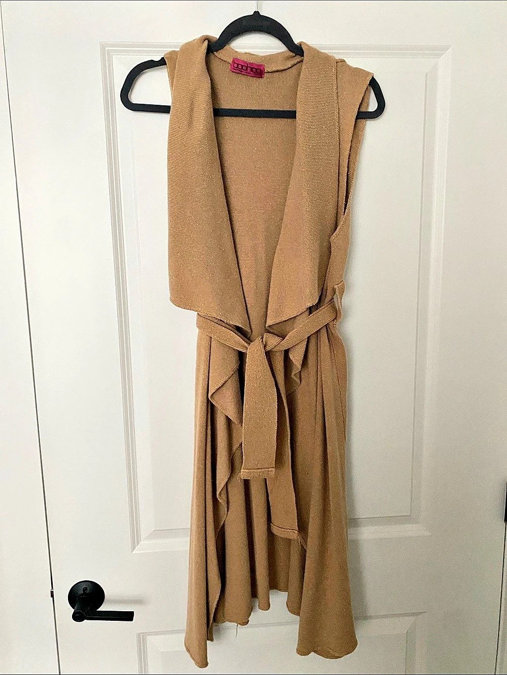 BOOHOO Women's Belted Sleeveless Long Cardigan in Cognac Size L